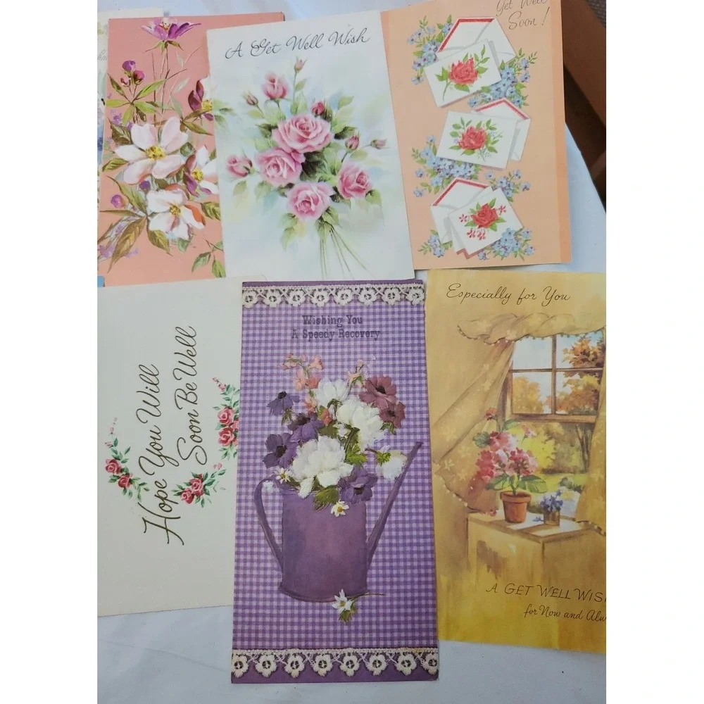 14 OldVintage Used Get Well Greeting Card Fronts Crafts Flowers Clock‎ Bluebird